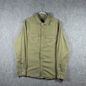 True Religion Pearl Snap Olive Green Long Sleeve Button Down Shirt Mens Medium